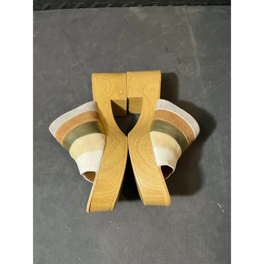 Matiko Platform Slide Sandals Womens 37 Tan Gold Suede Metallic Striped Wedge